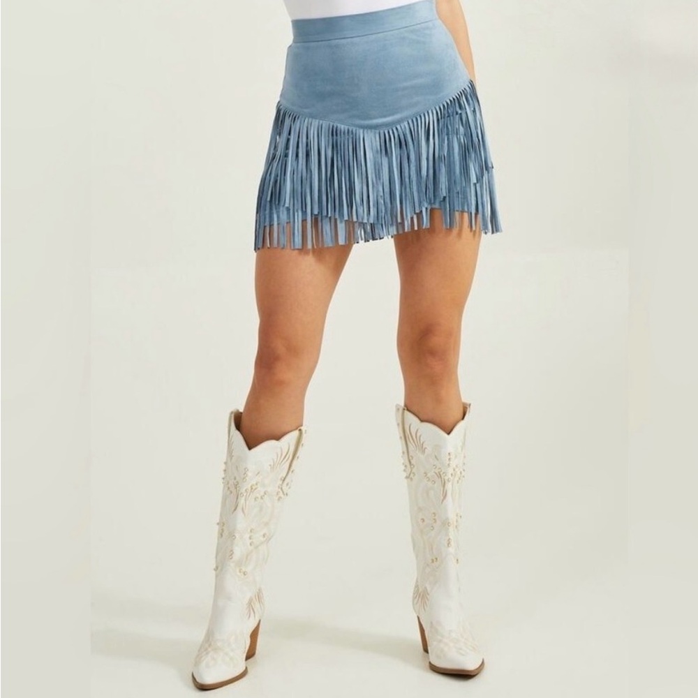 NWT Fringed Suede Mini Skirt - Light Blue 
Size Medium